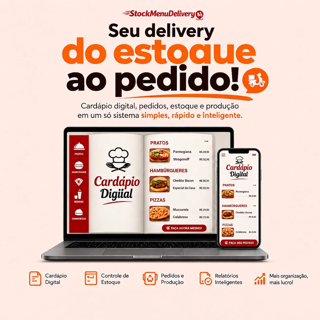 StockMenuDelivery Delivery — cardápio digital em notebook e celular